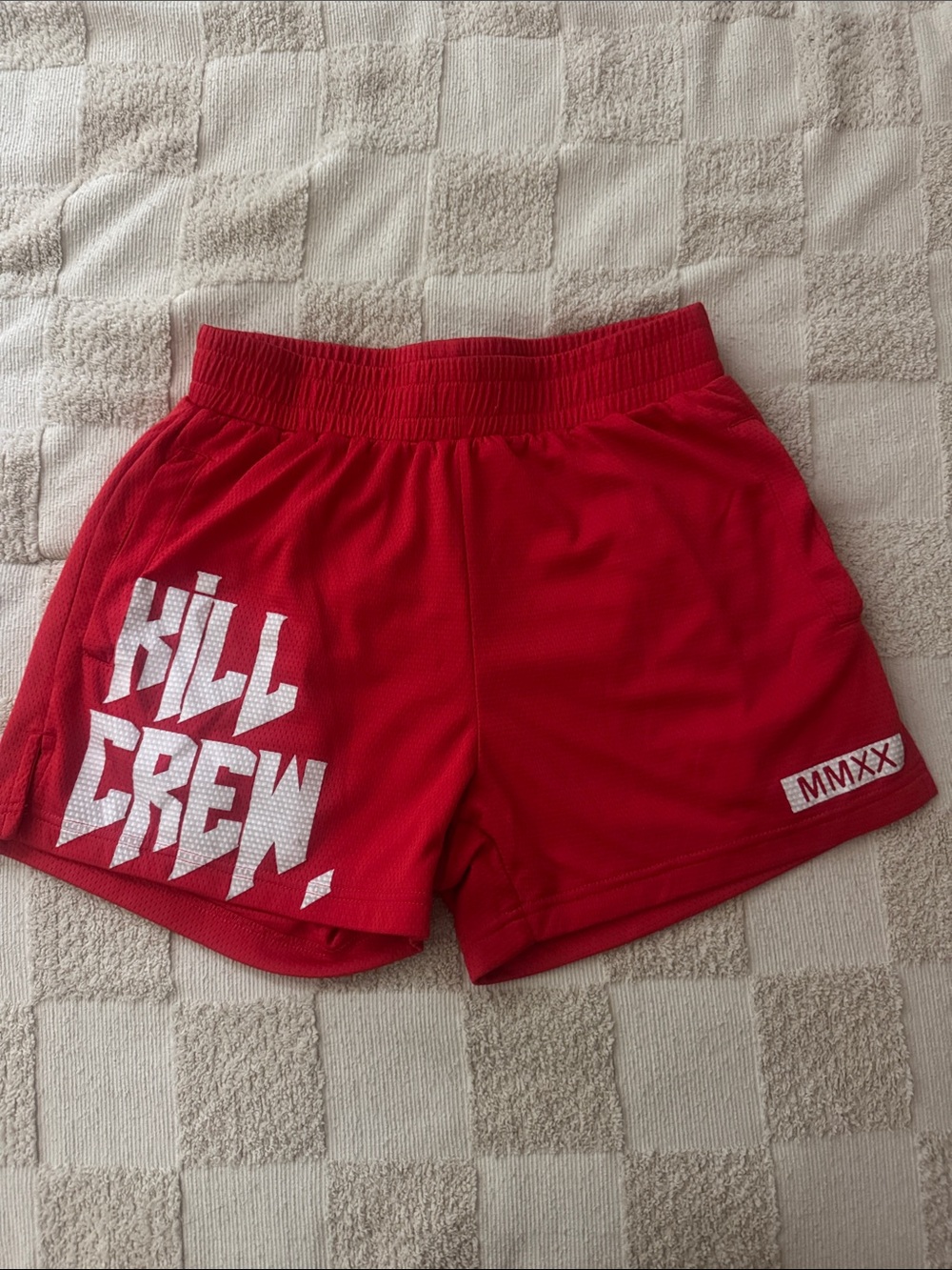 Kill Crew Red Athletic Kids Shorts with White Graphic